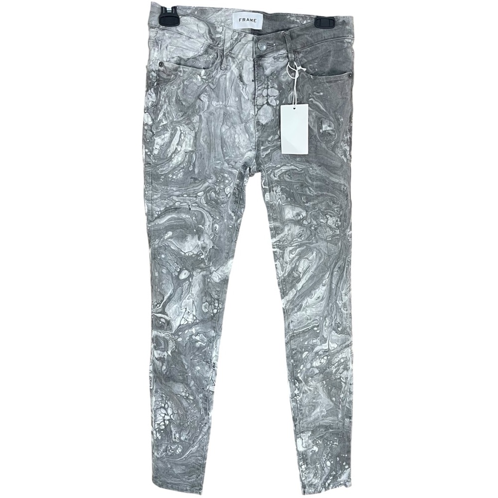 Frame Denim Gray Marble-Print Skinny Jeans